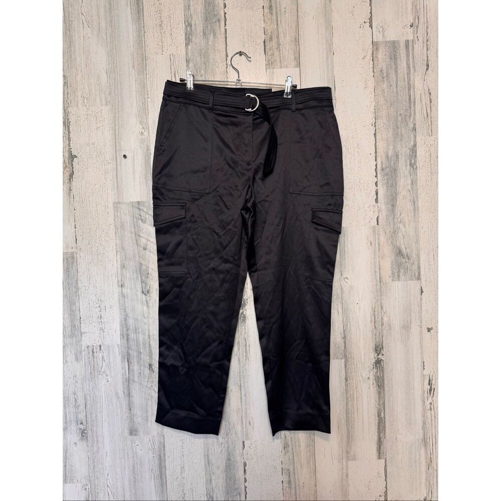 Chico's Black Satin Slim Leg Cargo Pants Womens Size 1P US 8P Petite D-Ring Belt